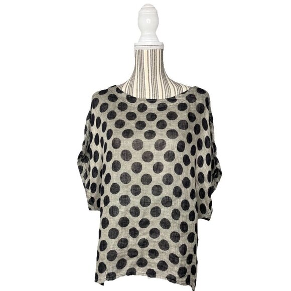FLAX Beige Black Polka Dot Linen Back Slit Shirt Size SMALL DRY CLEANED ONLY - Picture 1 of 7